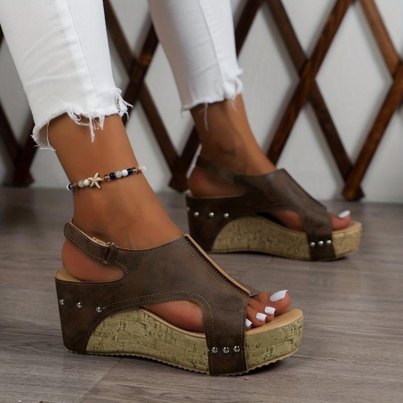 Large size sandals women's new women's wedge heel fish mouth thick sole rivet sandals