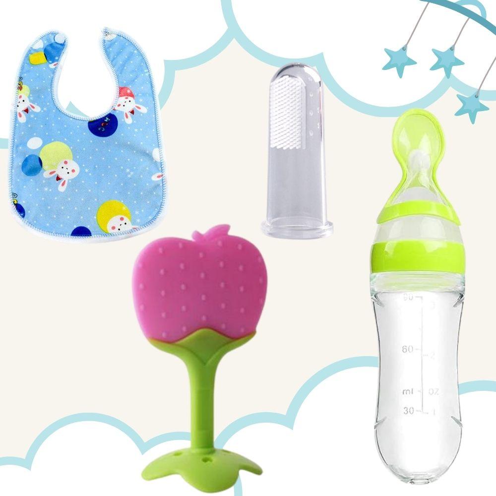 Baby Feeding & Care Combo – Teether, Finger Brush, Spoon Feeder Bottle & Silicone Bib (Pack of 4)