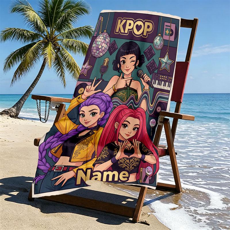 Custom Name Personalized Kpop Demon Hunter Print Beach Towel, for Trip Camping Beach Party Home Decor, Birthday Gift for Family & Friends