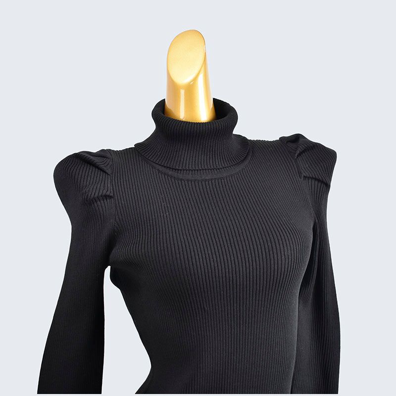 Autumn and Winter High Neck Short Silm Knitting Sweater Bubble Long Sleeve Bottoming Shirt Pullover Inner Wearing Women's Clothing Black