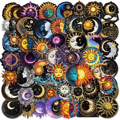 New 50 Black Background Art Moon and Sun Stickers Mobile Phone Computer Helmet Stickers