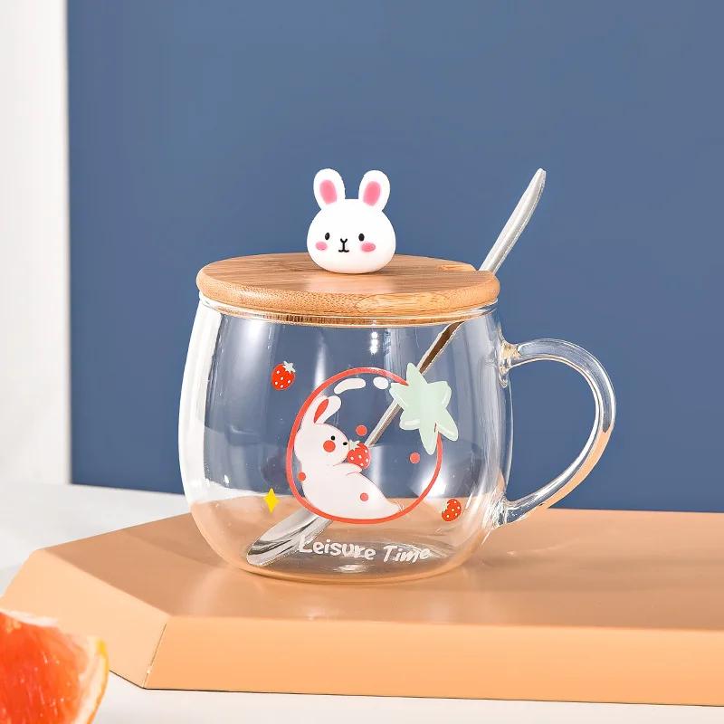 

Милая мультяшная кружка из боросиликатного стекла, креативная большая кружка с крышкой, устойчивая к высоким температурам, прозрачная кружка для воды 450ml