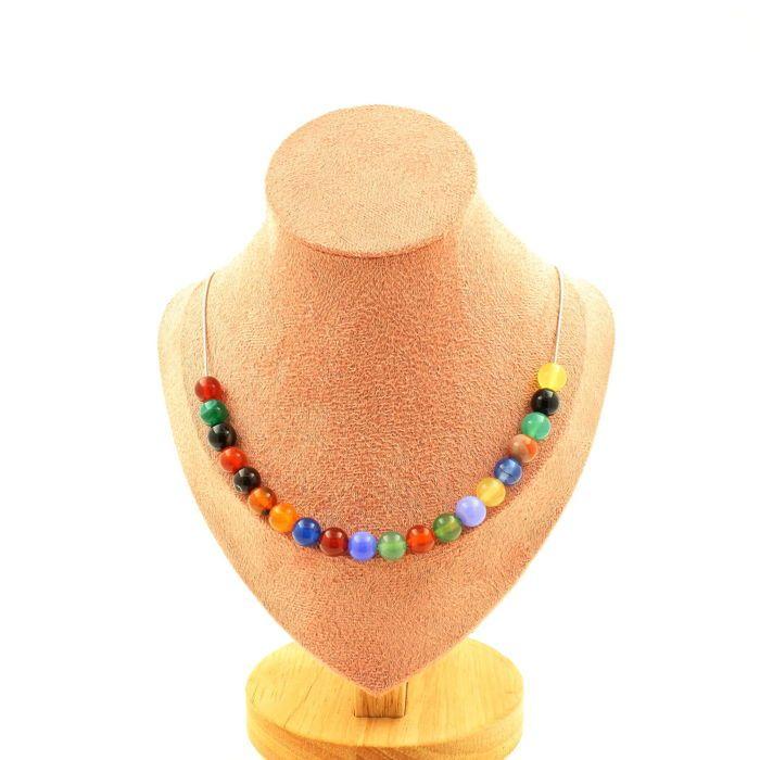 Pierres et Minéraux. Collier 20 perles Agate multicolore 8 mm. Chaine en acier inoxydable Collier femmes, hommes. Taille personnali