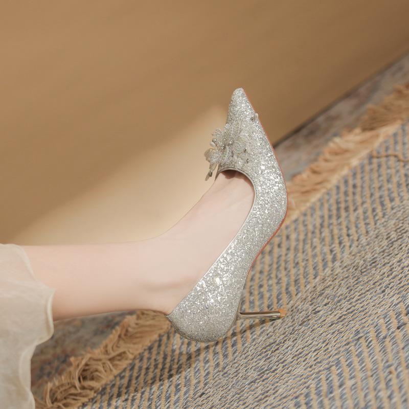High heels are not tired of feet, silk sequins, flower shoes, thin heels, women's shoes, versatile pointed single shoes, sandals, women's summer