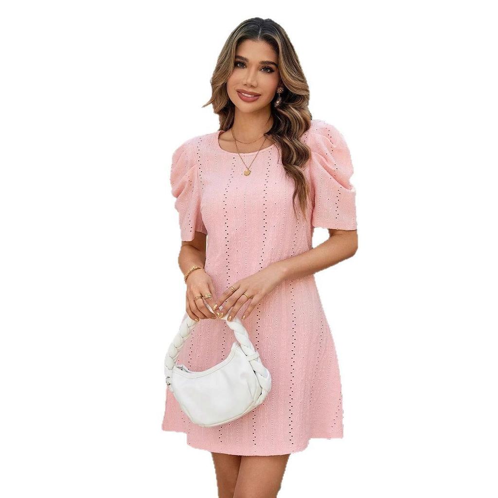 Women Evening Party Puff Sleeve O Neck Solid Color Hollow One Piece Dress