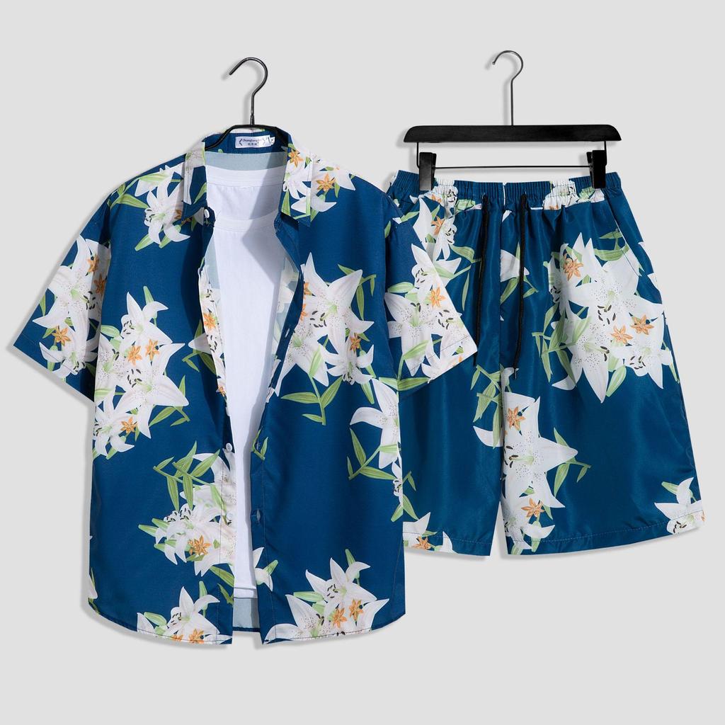 Hawaiian Floral Beach Set: Men's Loose-Fit Plus Size Short Sleeve Shirt & Casual Shorts