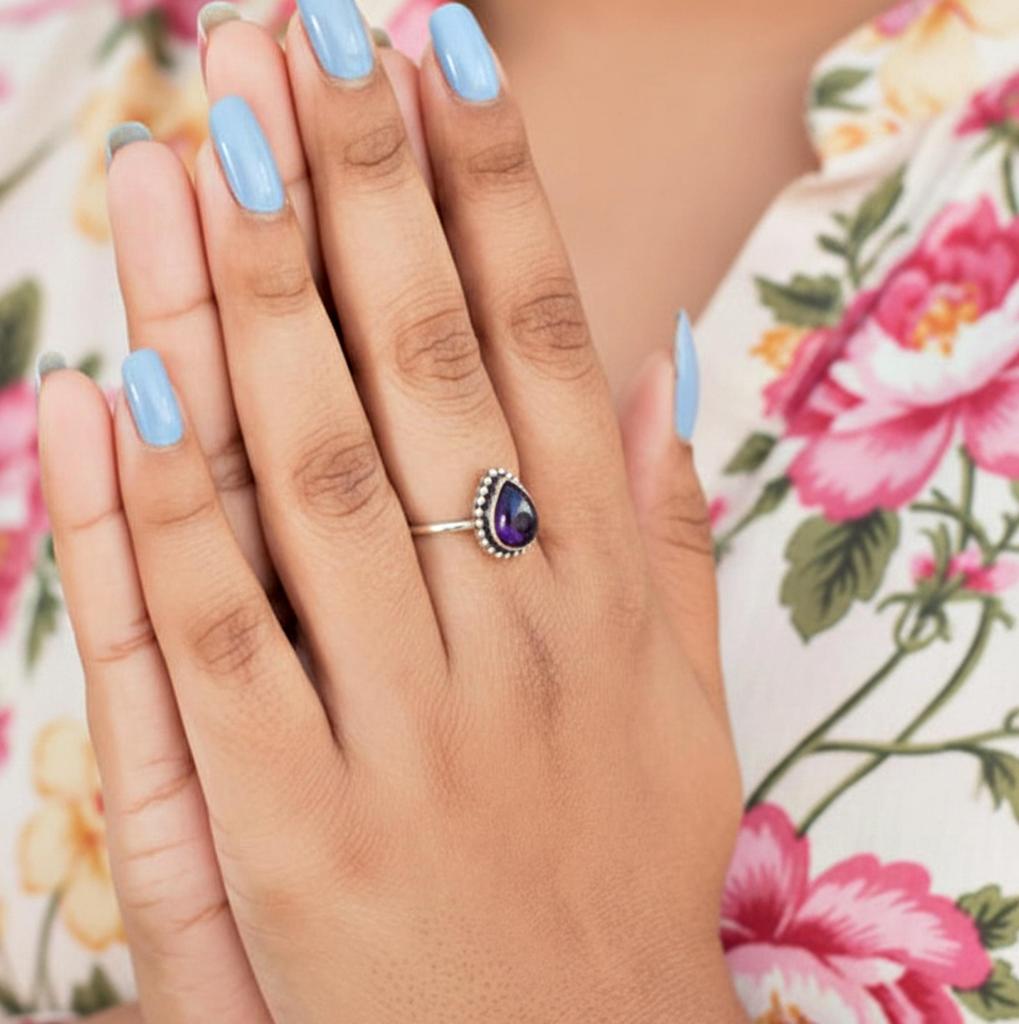 Purple Amethyst Pear Shape Dainty Ring, 925 Sterling Silver, Minimalist Boho Ring, Gift for Her
