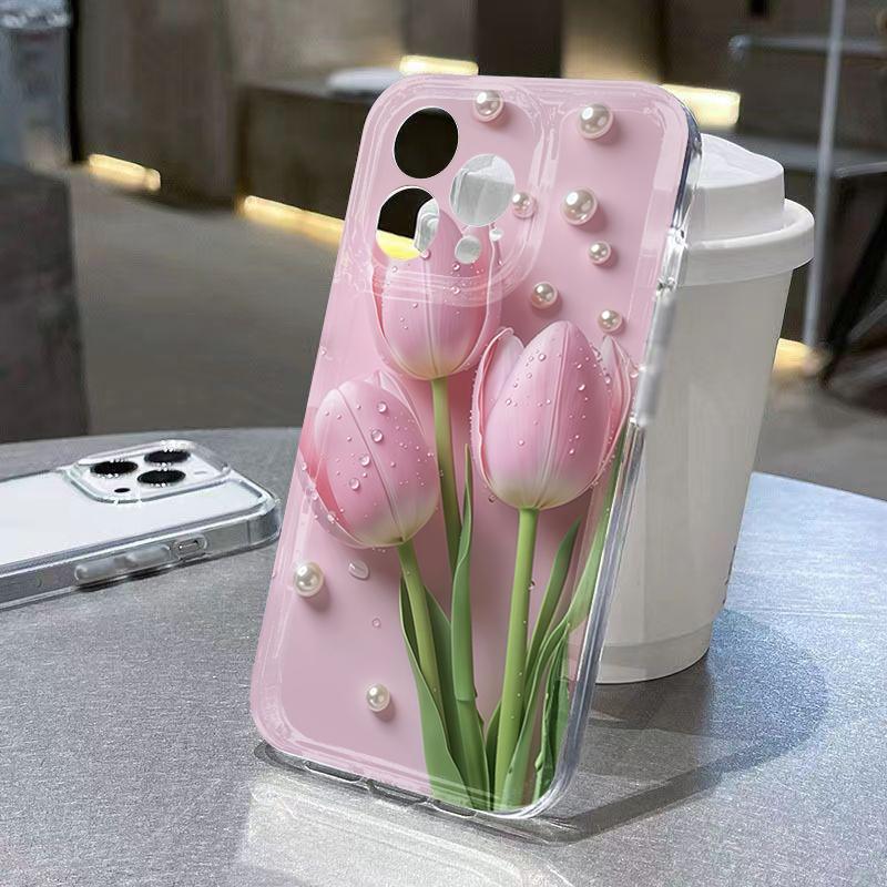 

Pink Tulip Pearl Fresh Pattern Phone Case for iPhone 17e 16e 15 Pro Max 17 16 14 13 12 11 Pro 8 7 Plus 17 Air XR XS Soft Cover iPhone 11 Pro