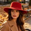 Travel Vacation Fashion Hat Retro Flat Top Hat, Wool Felt Pork Pie Bowler with Elegant Metal Ring, Wide Brim Trilby for Women Men Autumn Winter