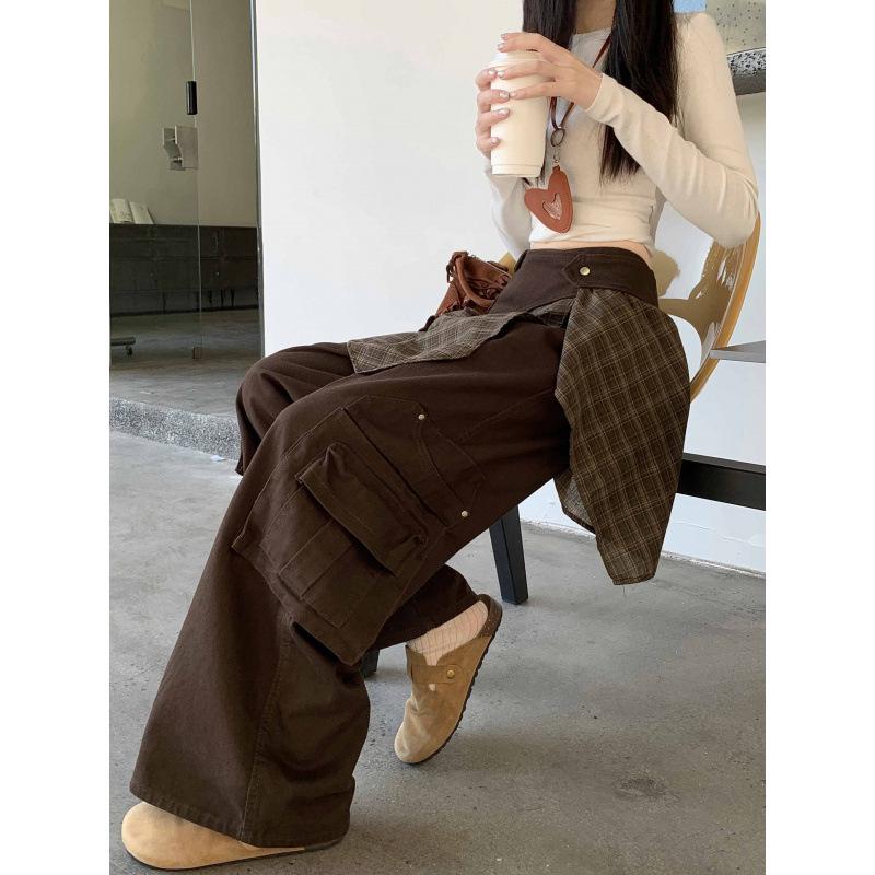Jean en Denim Vintage à Carreaux Taille Haute Jambe Large pour Femmes