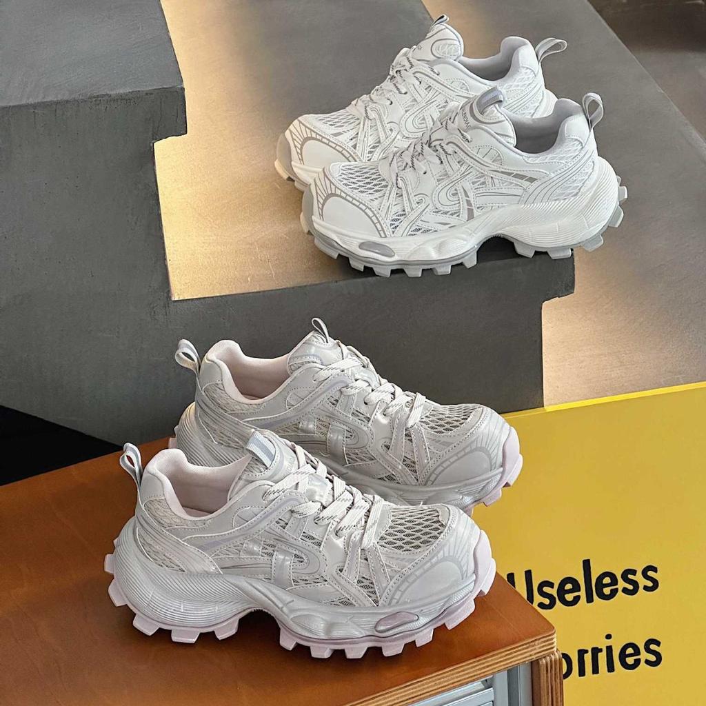 European station leather mesh breathable dad shoes women's 2025 spring and summer fashion thick-soled small height-increasing sports shoes
