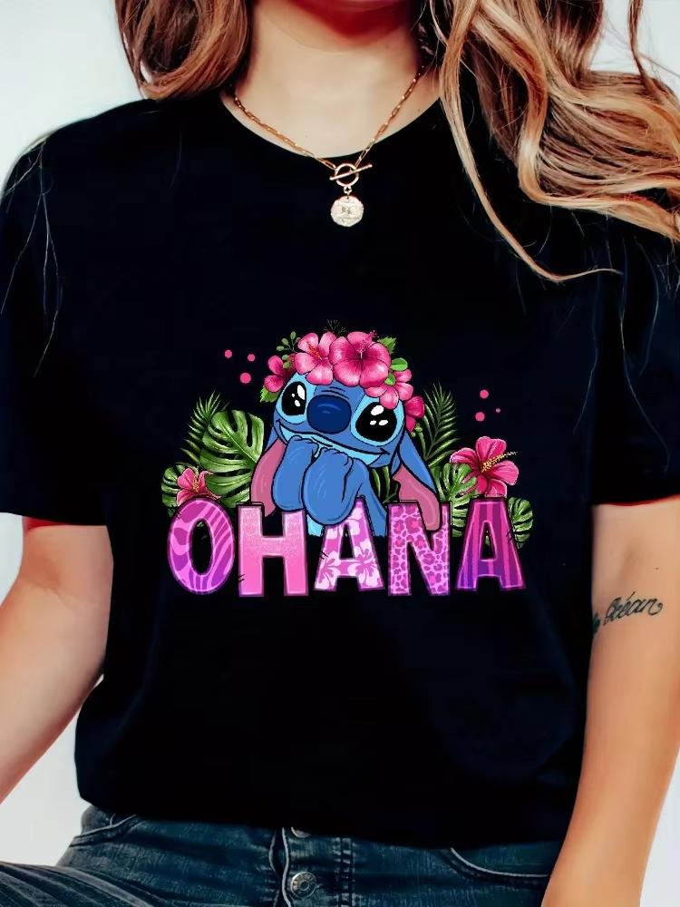 2026 New Cartoon Stitch Ohana Fun Graphic Print High Quality Fashion Womens Loose Plus Size Short Sleeve