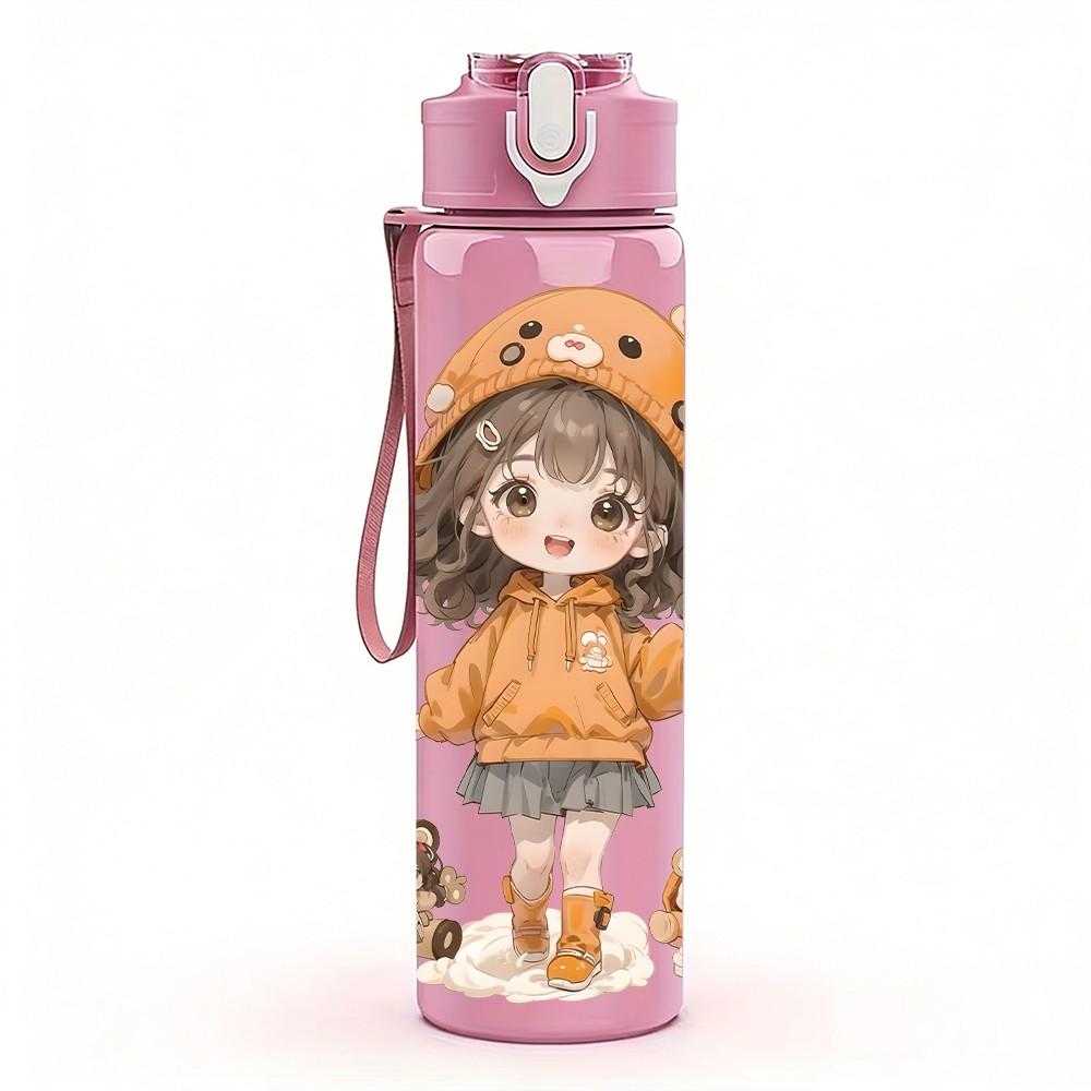 1PC Orange Hood Girl Small Pet Companion Pattern 750ml Color Plastic Sports Water Bottle Leakproof Flip Straw Lid Suitable for Sports Office Home Use