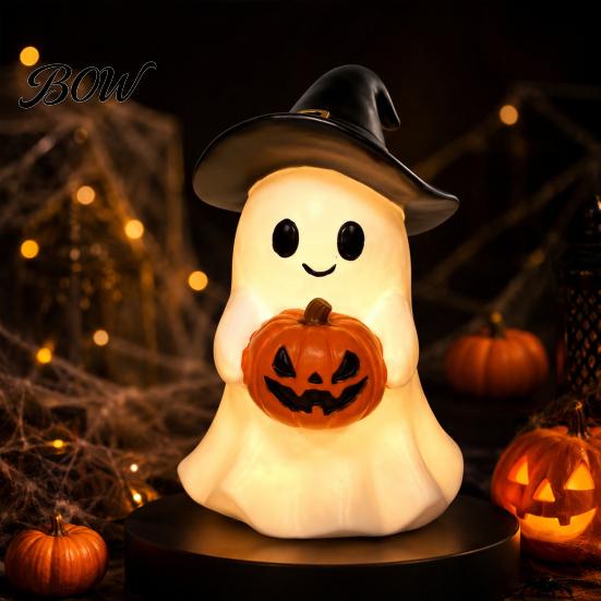 Whimsical Halloween Statue Ghost Figurine, Cute Resin Holding Pumpkin Night Light for Desk Tabletop Indoor Home Decor Healing Room Accessory