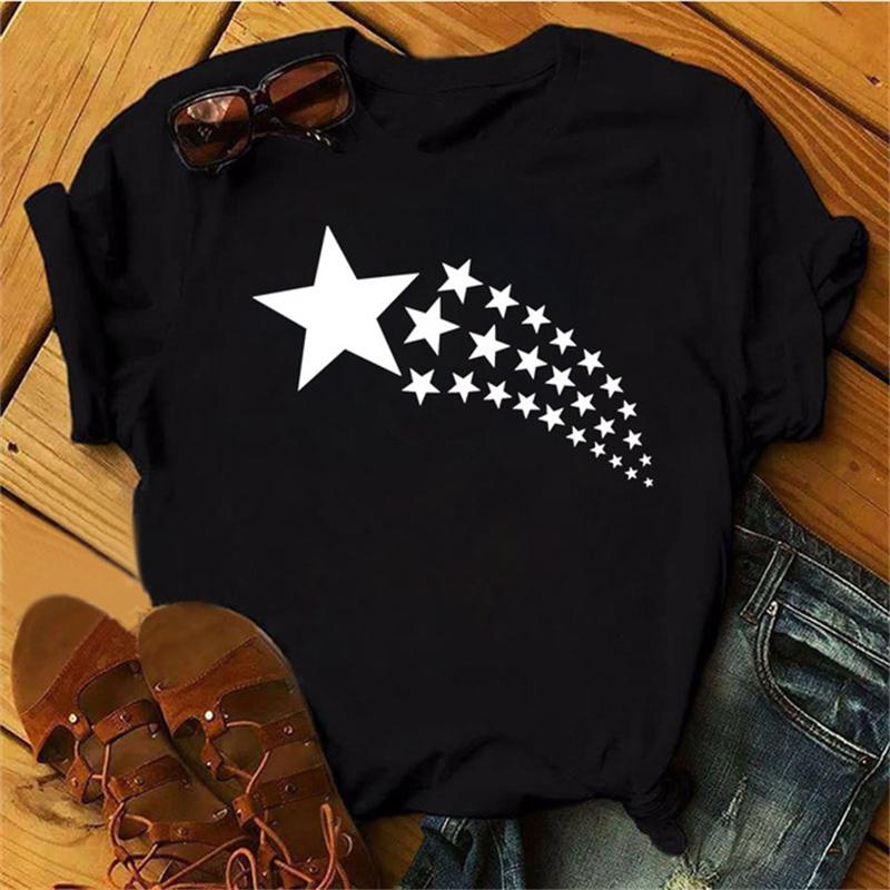 

Maycaur Woman Star Moon Print Harajuku Summer Tshirts Casual Round Neck Short Slee Top Tee Shirt Women Black T-shirt Drop Ship S