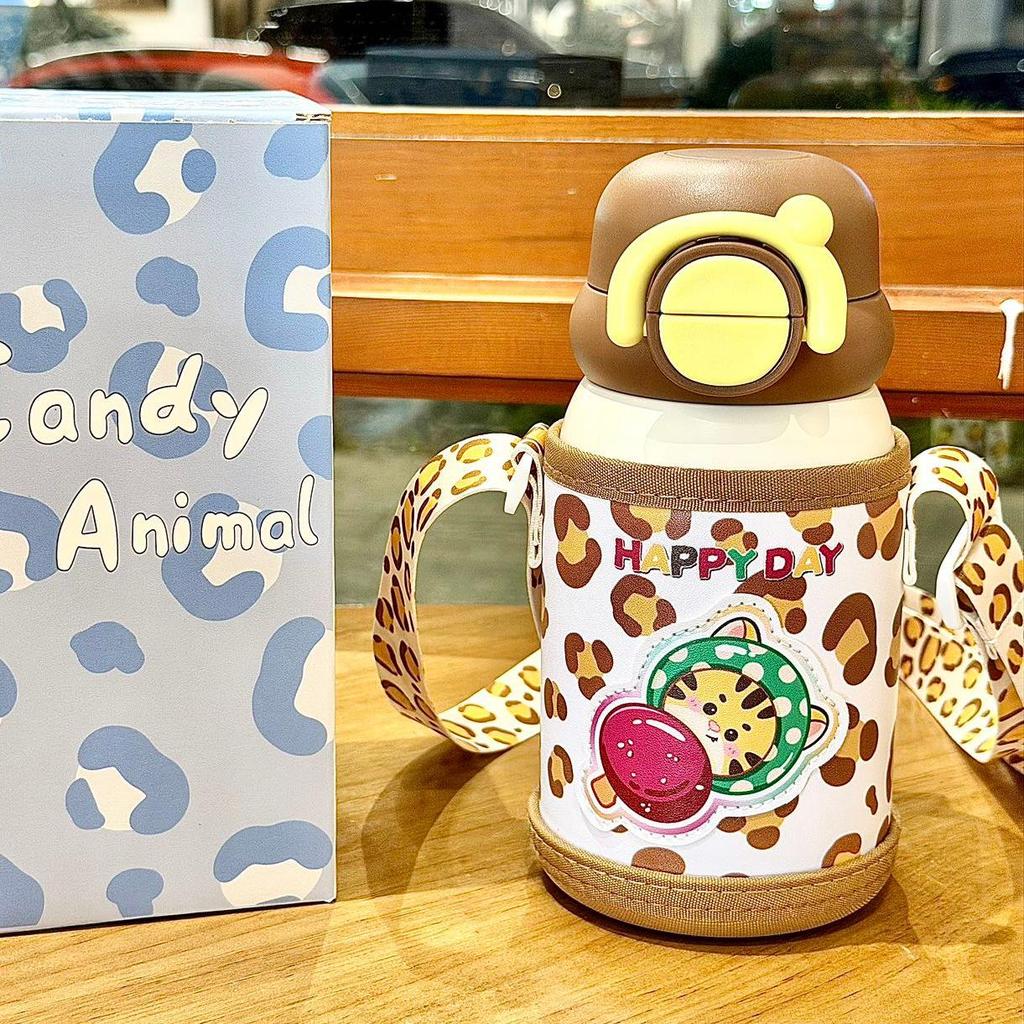 Cartoon Kids Thermos Cup with Sleeve, 316 Stainless Steel, Anti-Fall Straw, Portable & Cute for Students