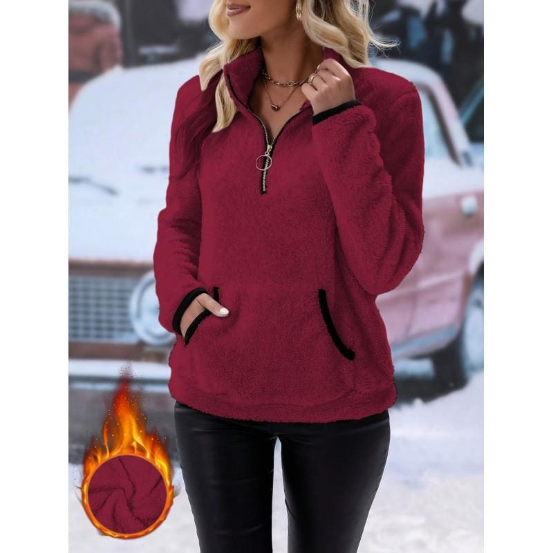 Women Half Zip Pocket Plush Hoodie Autumn Winter