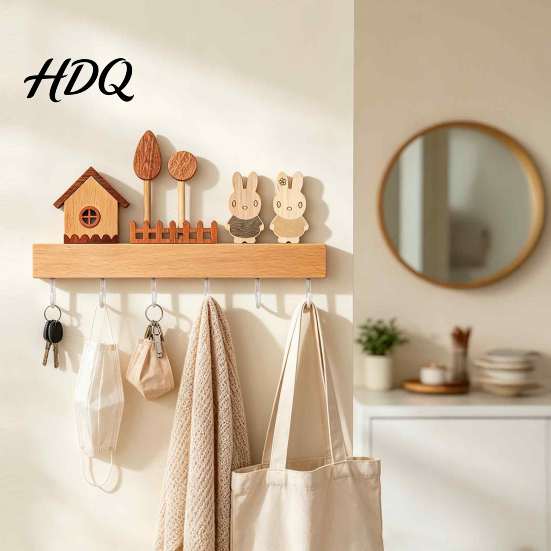 Entryway Key Storage Rack Wooden Holder with 6 Hooks Decorative Organizer No Drill Hook Rack Easy Wall Mount Installation Hanger for Home