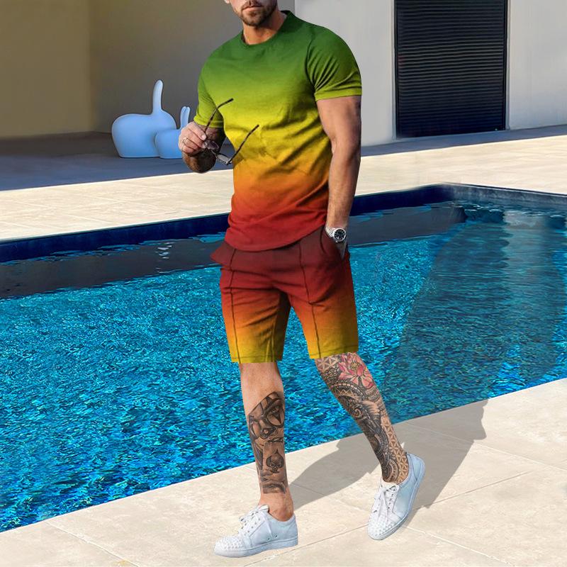 Plus Size Men's Summer Suit Round Neck Short Sleeved Shorts 3D Printed Loose Men's Casual Sports Set