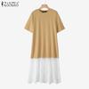 ZANZEA Women Casual Round Neck Short Sleeve Lace Splice Long Dress