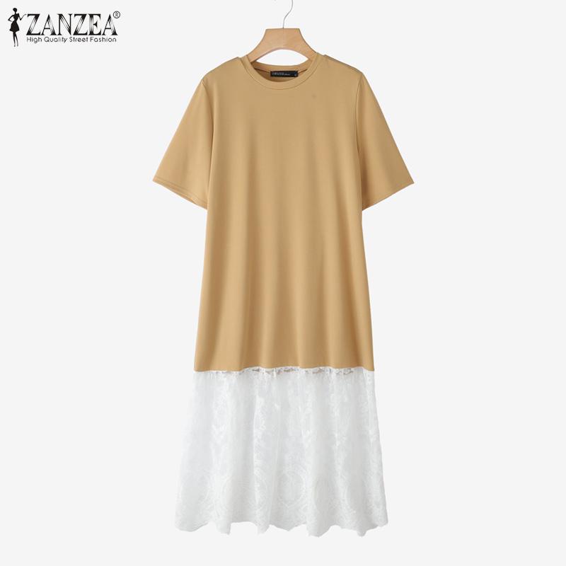 ZANZEA Women Casual Round Neck Short Sleeve Lace Splice Long Dress