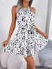 Women Casual Leopard Print Halter Ruffle Big Hem A Line Short Dress