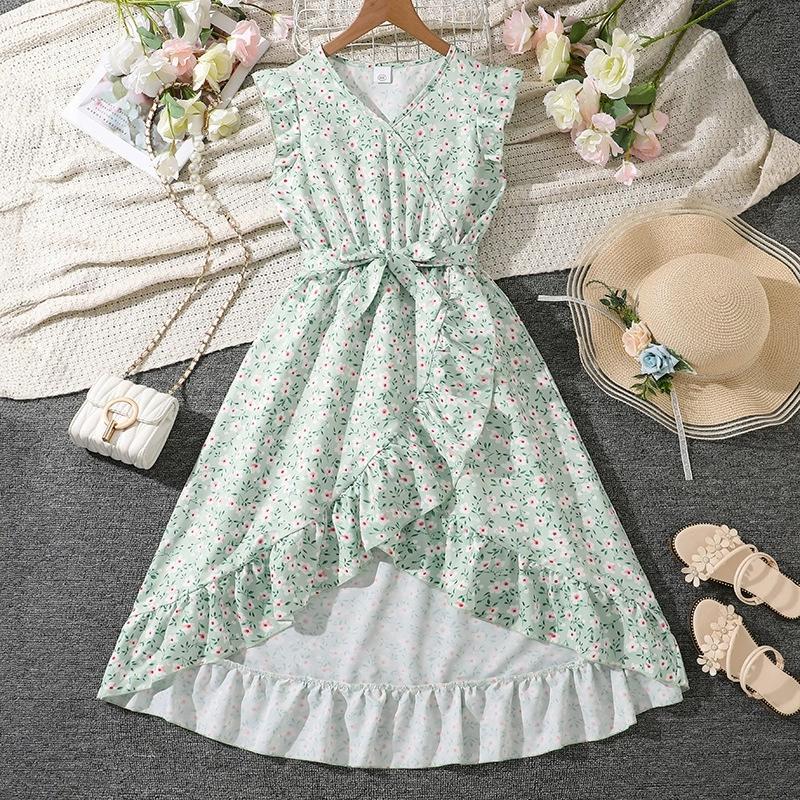 

Girl Sleeveless Floral Print Dress Children Kid Casual Summer Beach Sundress Princess Dresses Clothes 9Y зелёный