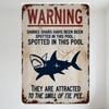 Vintage Weathered Metal Warning Sign, Sharks Spotted (Typos) with Shark Graphic, Humorous 'Smell of Pee' Warning for Pool Decor,