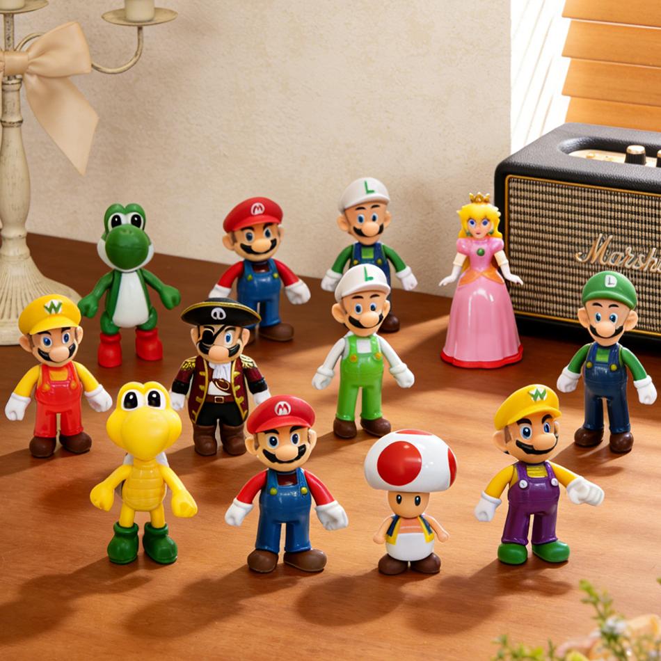 12 Styles Mario Action Figure Bowser Wario Toad Princess Peach Anime Activity All Star Collection Model Toy Children Birth Date Gifts