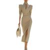 Robe Midi Bodycon à Col en V pour Femme Automne, Robe Stylo Moulante à Fente Haute avec Design Style Cache-cœur, Robe Élégante pour Bureau et Soirée Polyvalente