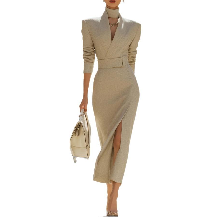 Robe Midi Bodycon à Col en V pour Femme Automne, Robe Stylo Moulante à Fente Haute avec Design Style Cache-cœur, Robe Élégante pour Bureau et Soirée Polyvalente
