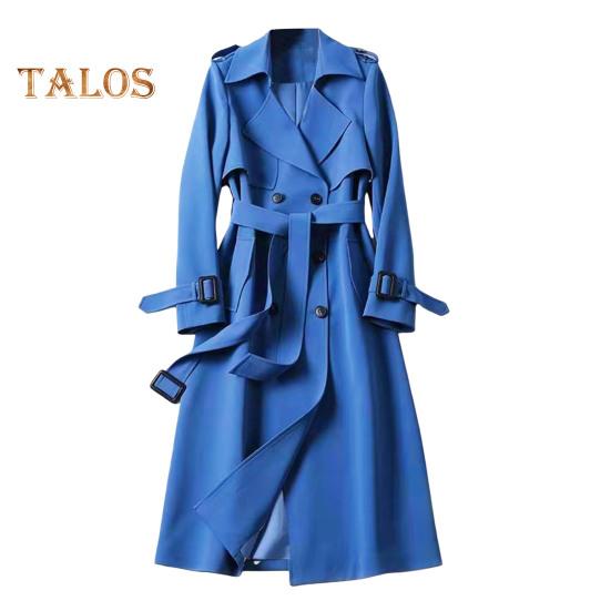 Women Windbreaker Turn-down Collar Loose Pure Color Coat Double-breasted Long Sleeves Belt Decor Overcoat Mid Length with Pockets Windproof Lady