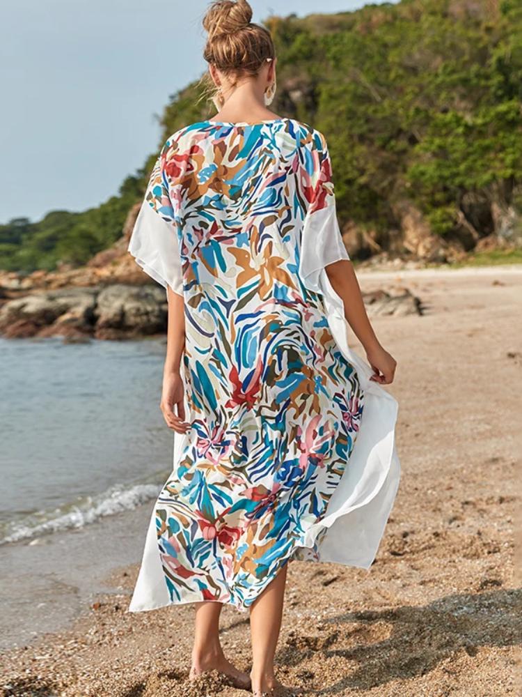 EDOLYNSA Bohemian Chiffon Printed Damenkleid Strandtunika Beachwear Kaftan Badeanzug Cover Up Pplus Size Kaftan Q1176