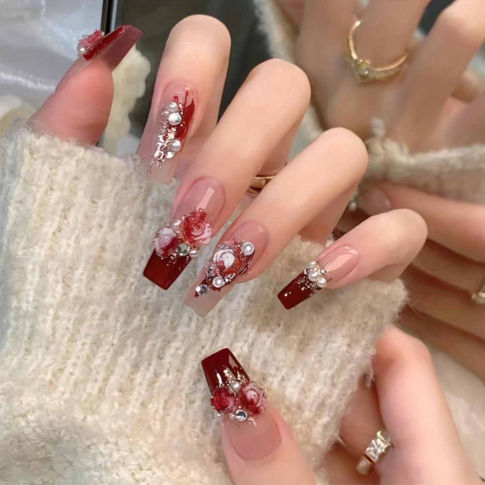 

1Set Ballet Gradient Rose False Nails Medium Length, Glossy Finish with Floral and Rhinestone Accents красный
