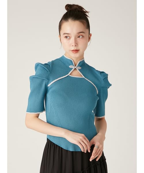 Lily Brown Chinese Detail Knit Top LWNT251172 Women's (Blue)