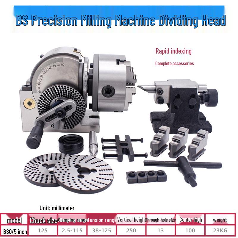 Universal BS-0 5-Inch Precision Dividing Head with Hand-Crank Rapid Indexer, Vertical/Horizontal Dual-Use, and Tailstock