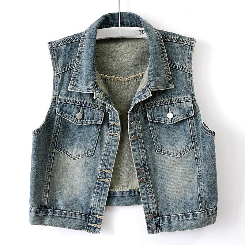 Hong Kong Style Retro Denim Vest Ladies Short Spring and Autumn Korean Version of The Thin Sleeveless Vest Waistcoat Waistcoat
