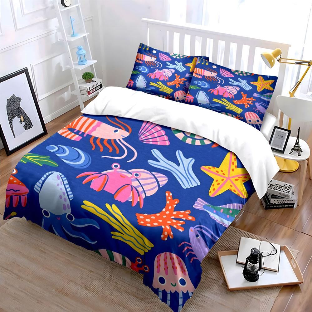 Sea Life Pattern Three-Piece Decor Multiple Sizes Kid'S And Adults' Bedroom Exquisite 3Pc Bedding Set, Gift