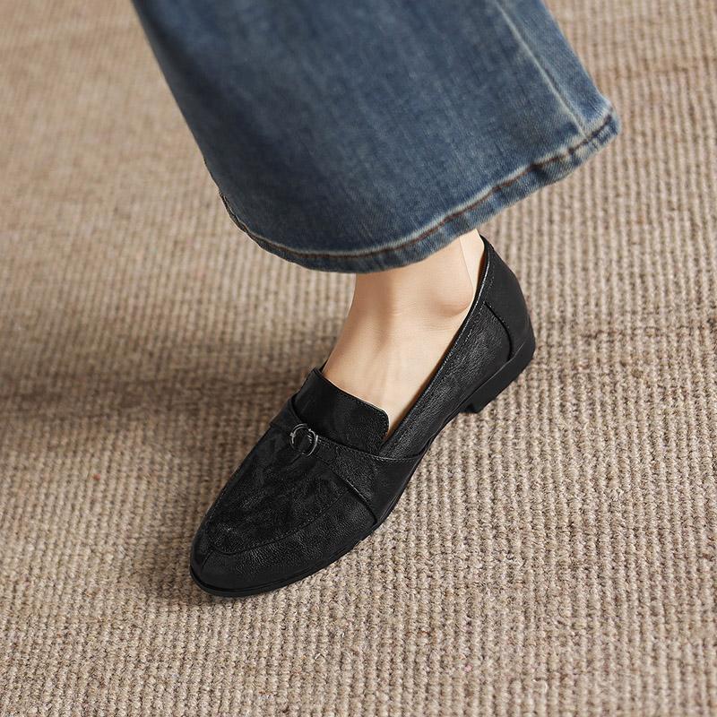 Krazing Pot Sheepskin Round Toe Thick Med Heels Spring Shoes Slip On Big Size 42 Loafers Women Pleated Beauty Pumps
