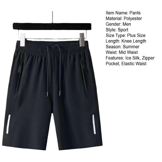 Men Sport Shorts Solid Color Straight Elastic Waist Casual Daily Wear Plus Size Zipper Pockets Retro Thin Knee Length Summer Shorts Men Clothes