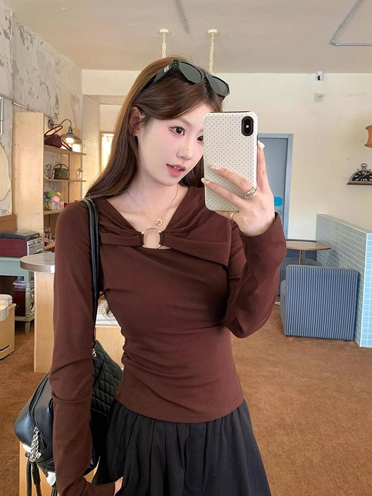 2025 French Style Coffee Slimming Long Sleeve Base Layer Top for Autumn/Winter