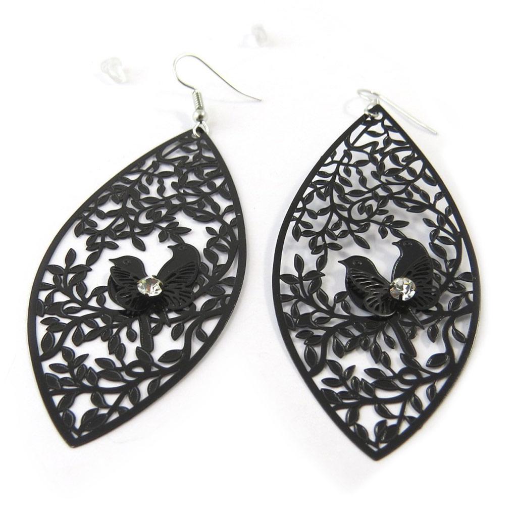 Les Trésors De Lily [P0136] - Black 'Carmen' Designer Earrings (birds)