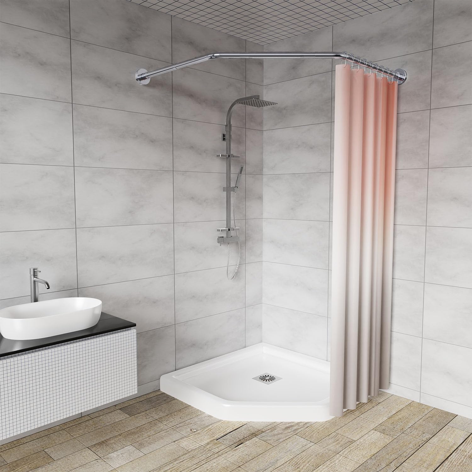 

SIKAIQI Изогнутая штанга для штор из нержавеющей стали для угловой душевой кабины, боковая центральная штанга ромбовидной формы, не ржавеет (Серебристый D-образный, Длина 43-65 см,