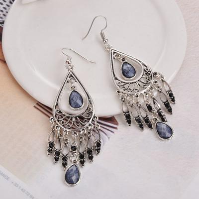 1 Pair Women Hook Earrings Vintage Ethnic Style Exaggerated Hollow Out Rhinestone Waterdrop Shape Bohemian Ear Decoration Jewelry Vacation