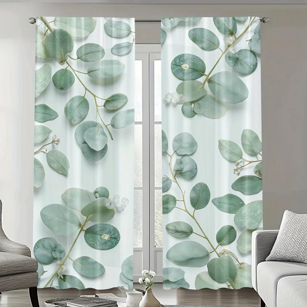 Set Of 2 Eucalyptus Leaves Print Curtain Polyester Window Drapes Living Room Bedroom Home Decor Curtains Made Sitting Treatment