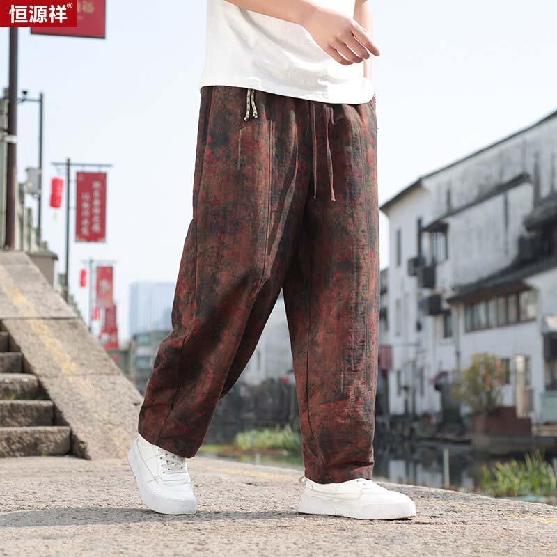 Hengyuanxiang Men's Chinese Style Dark Pattern Cotton Linen Nine-Point Casual Pants