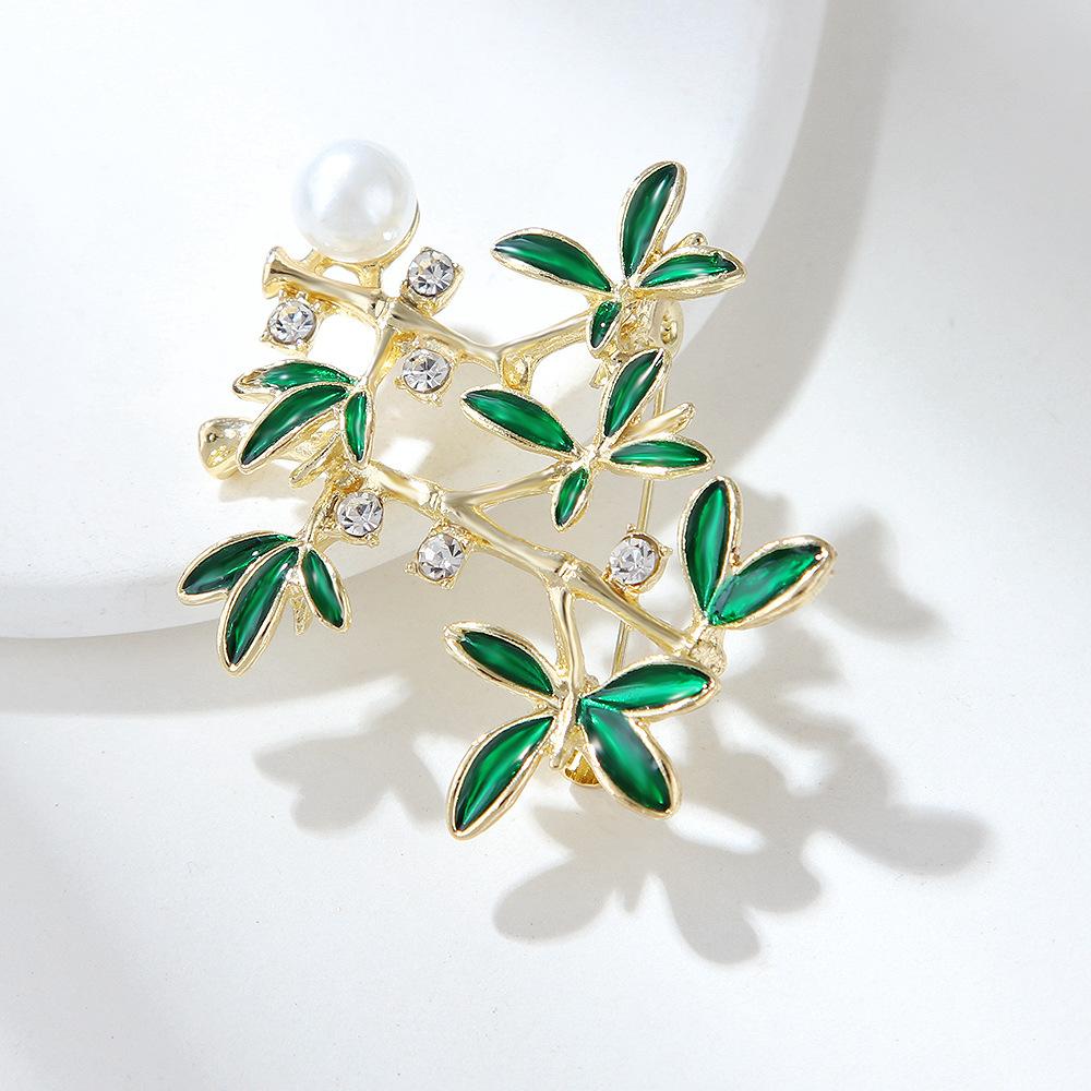 Festival High Rise Rich and Noble Bamboo Brooch Female Delicate Green Bamboo Anti-glossy Pin Chinese Style Pearl Corsage Long-Lasting Color Brooch