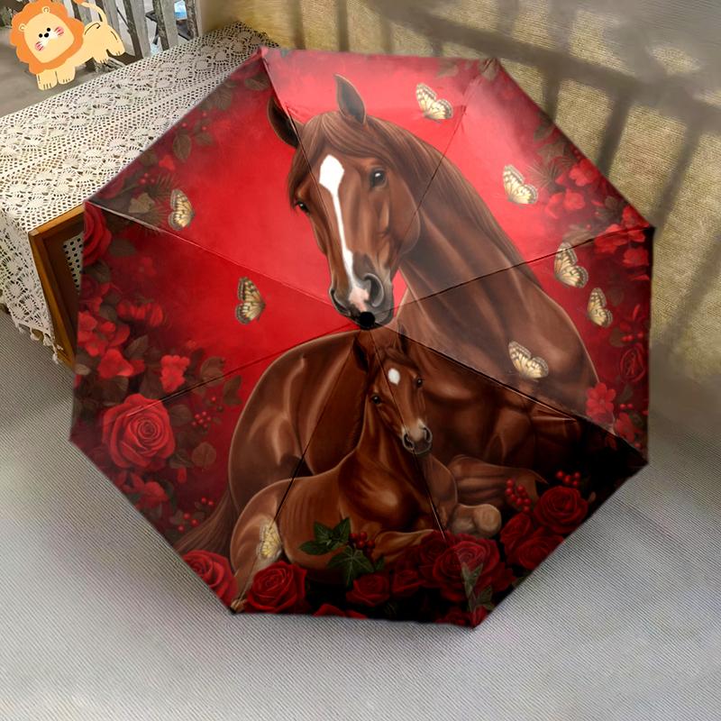 1 PC Automatic Folding Umbrella - Red Rose Horse Pattern, Portable & Foldable Design with 8 Ribs, Christmas Birthday Gifts