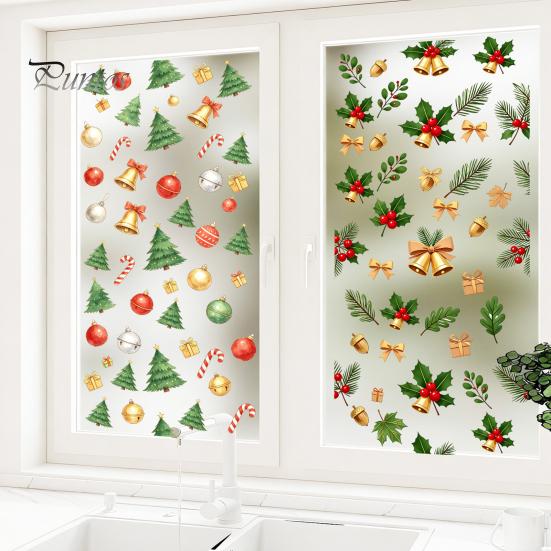 PVC Window Cling Christmas Static Cling, Xmas Tree Snowman Santa Hat Bell Waterproof Glass Sticker, Removable Reusable Decoration Decal for