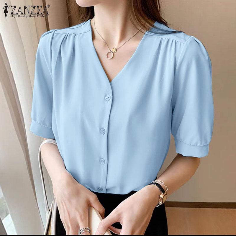 

ZANZEA Лето Повседневный V-образный вырез с коротким рукавом Женщины Блузки Рубашки